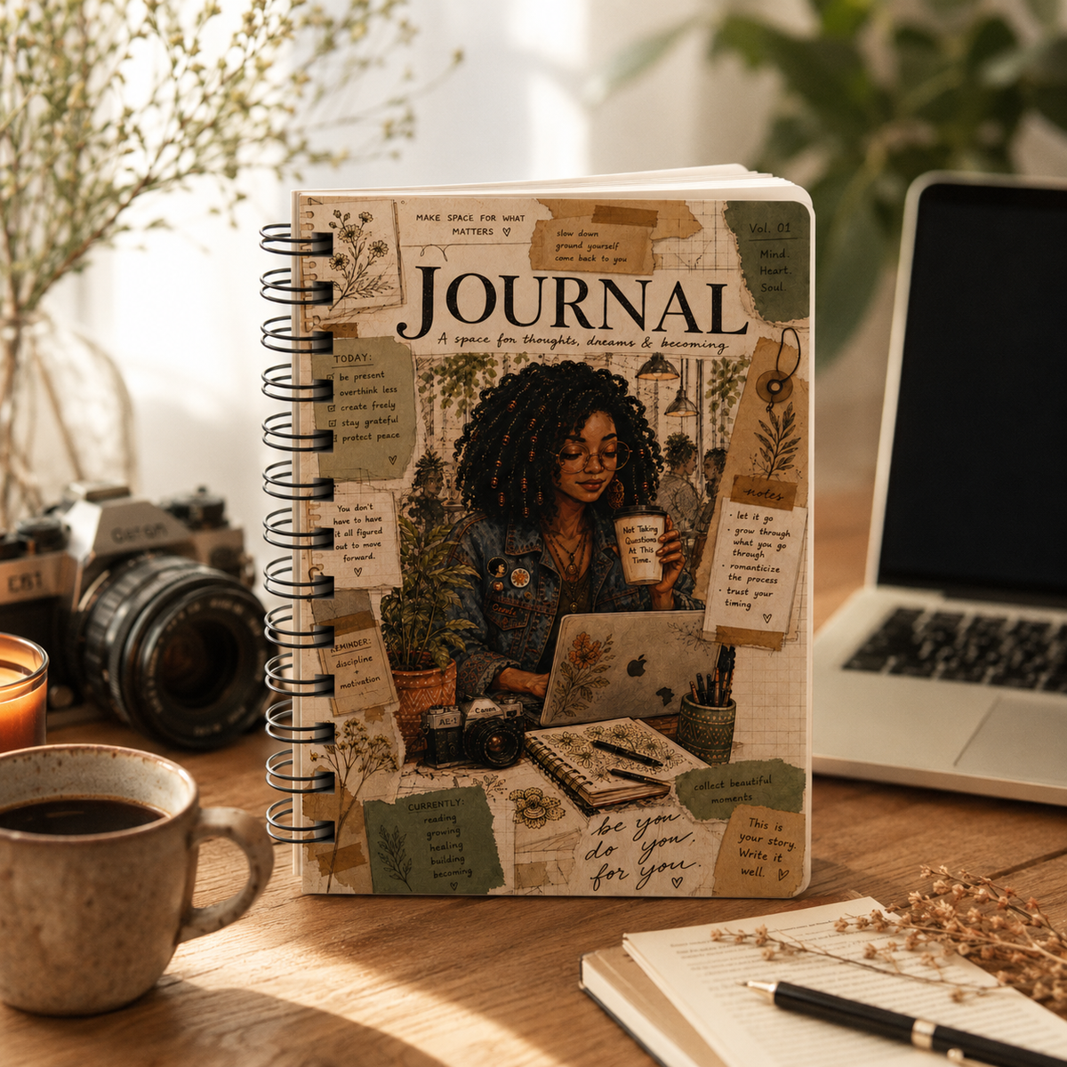 Cozy Study Girl Journal Spiral Bound Notebook | Botanical Collage Writing Diary