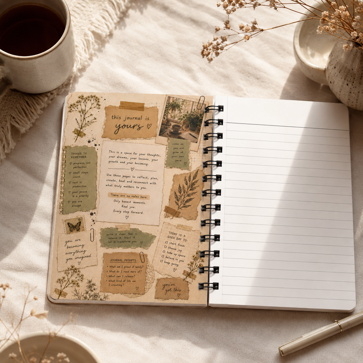 Cozy Study Girl Journal Spiral Bound Notebook | Botanical Collage Writing Diary