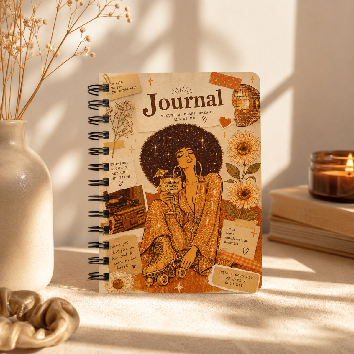 Retro Roller Skater Journal | Spiral Bound Notebook, Vintage Disco Floral Cover