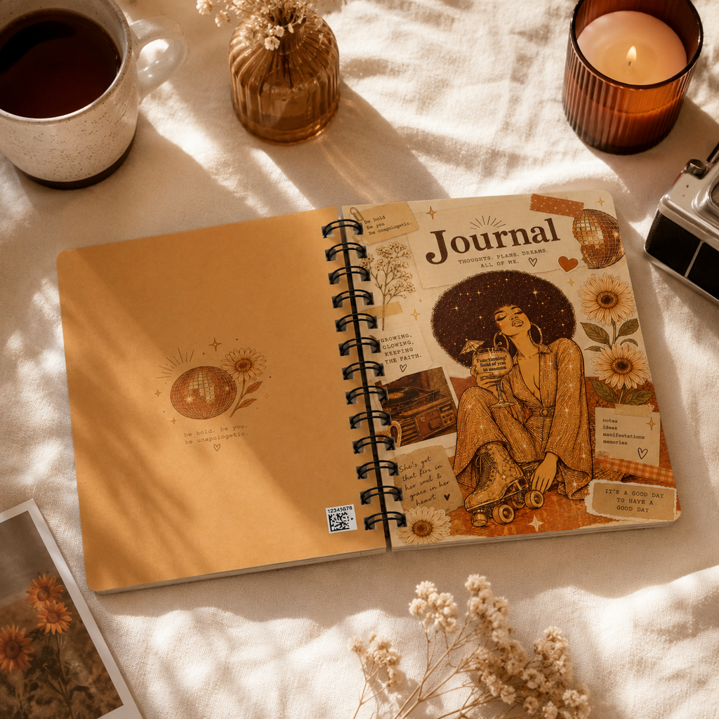 Retro Roller Skater Journal | Spiral Bound Notebook, Vintage Disco Floral Cover