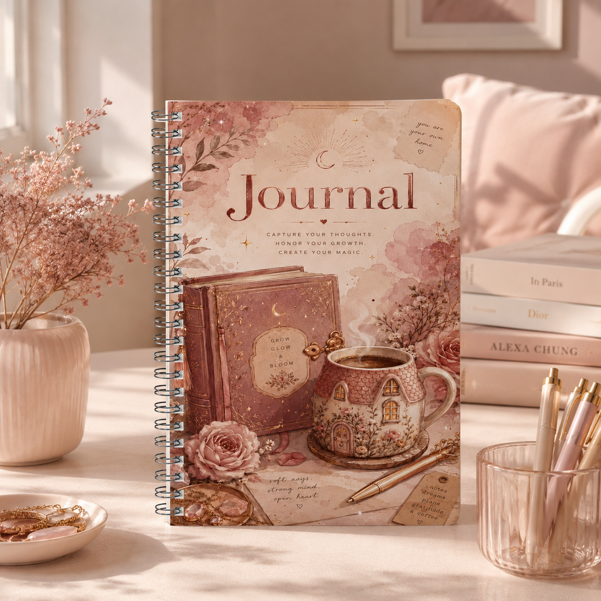 A5 Wirobound Journal — Cozy Tea & Moonlight Floral Notebook