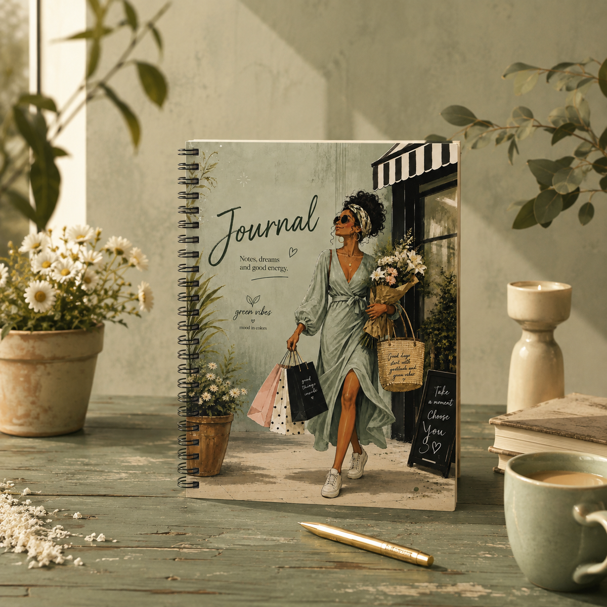 Fashionista Journal Spiral Notebook — 'Journal: Notes, Dreams and Good Energy' Ruled Notebook