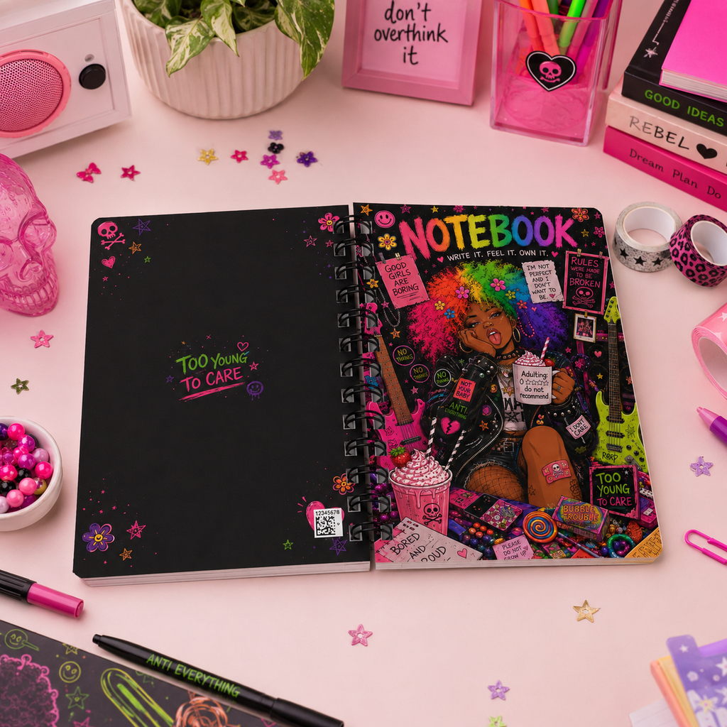 Spiral Notebook — Colorful Punk Girl Journal "Too Young to Care"