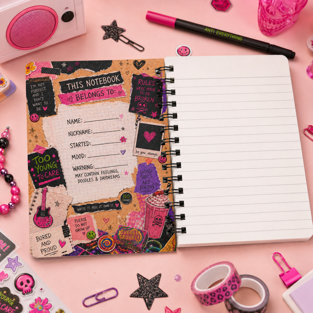 Spiral Notebook — Colorful Punk Girl Journal "Too Young to Care"