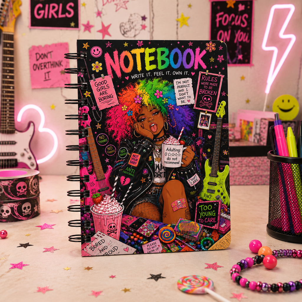 Spiral Notebook — Colorful Punk Girl Journal "Too Young to Care"