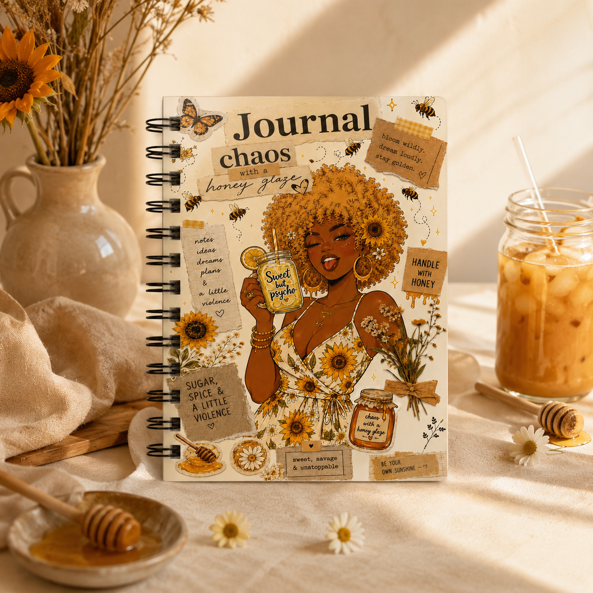 Sunflower Honey Journal — Spiral Bound Notebook with Positive Affirmations & Floral Collage
