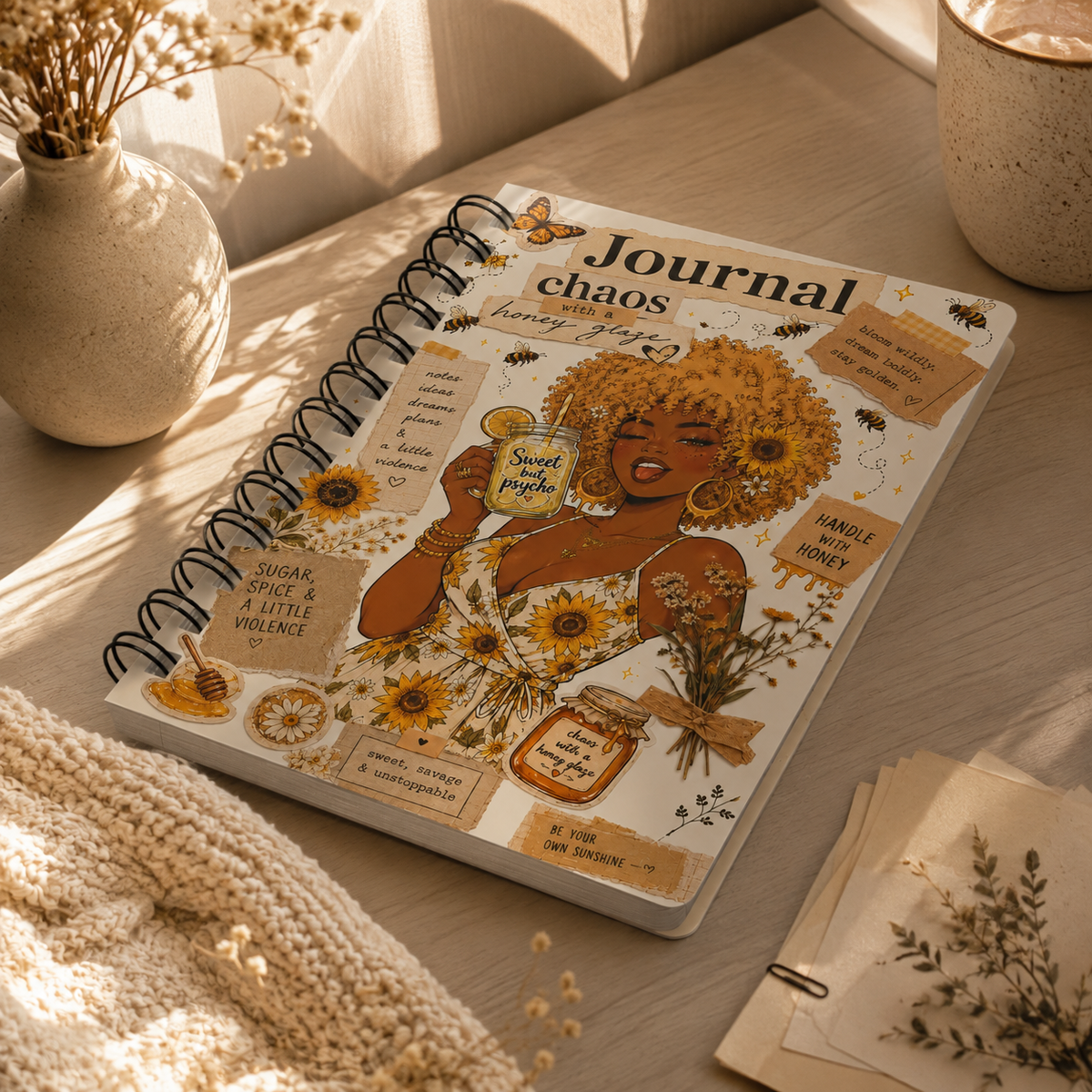 Sunflower Honey Journal — Spiral Bound Notebook with Positive Affirmations & Floral Collage