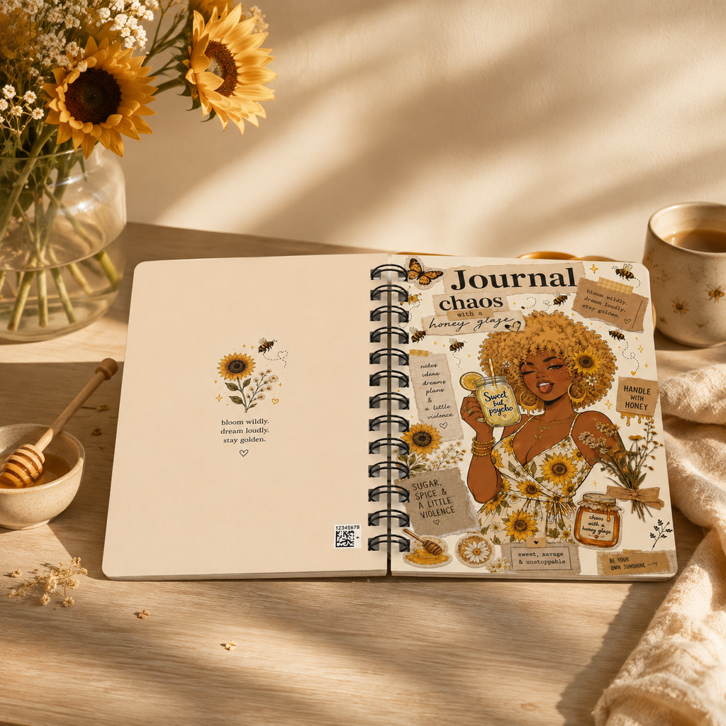 Sunflower Honey Journal — Spiral Bound Notebook with Positive Affirmations & Floral Collage