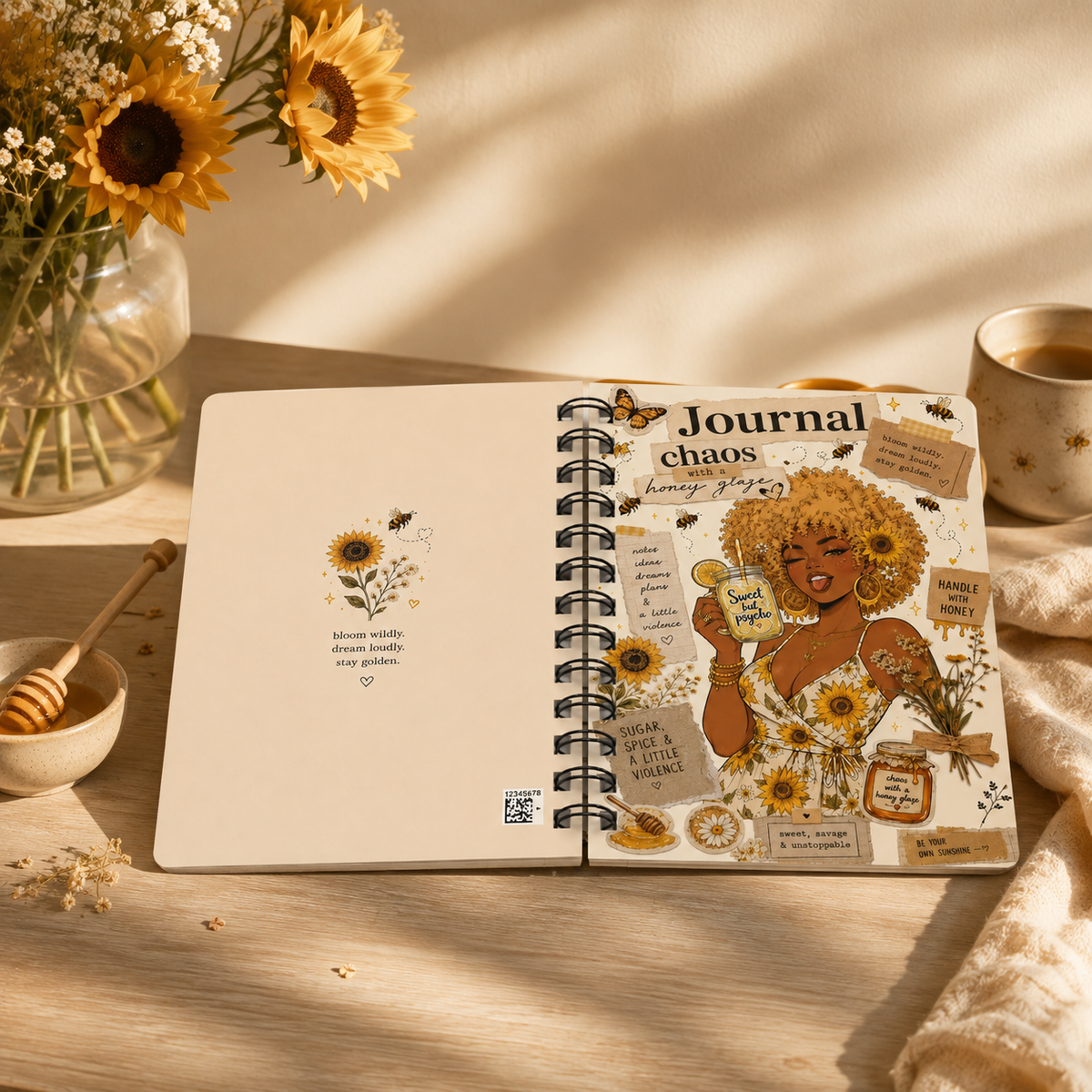 Sunflower Honey Journal — Spiral Bound Notebook with Positive Affirmations & Floral Collage
