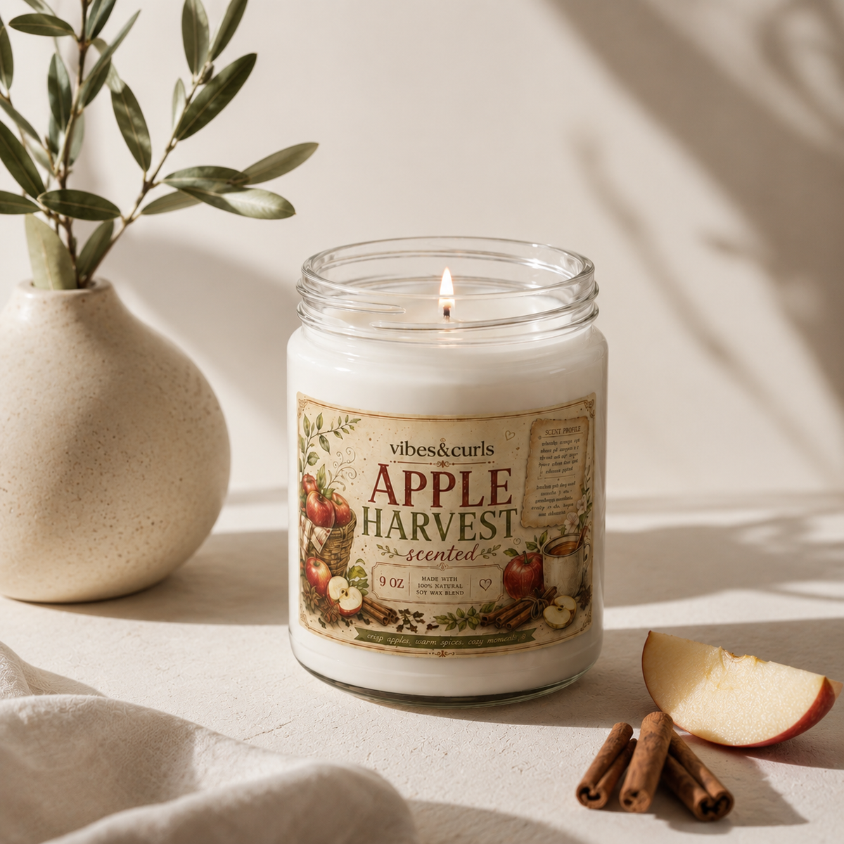 Apple Harvest Scented Soy Candle — 9oz Autumn Spice & Fresh Apple Jar