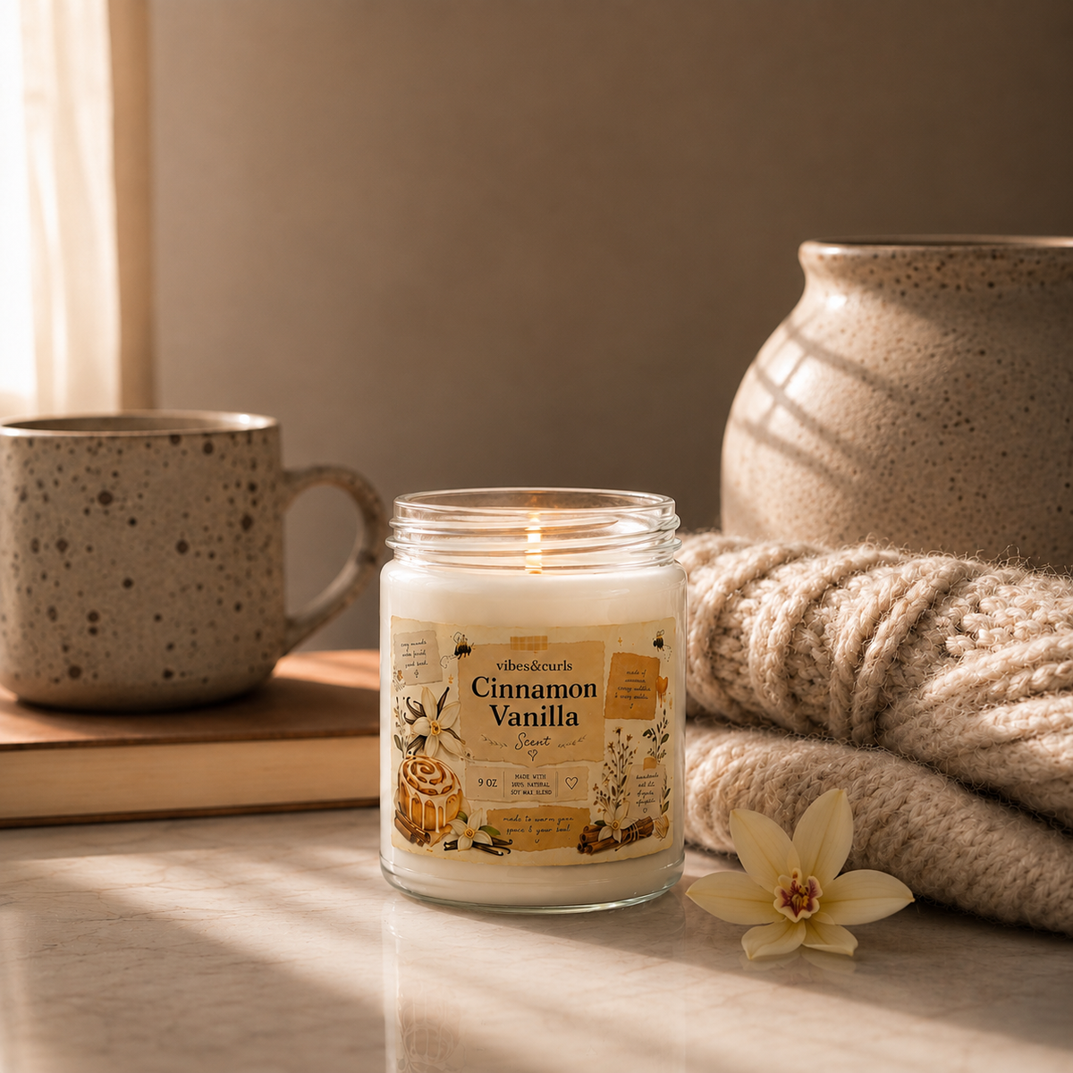 Cinnamon Vanilla Soy Candle — 9oz Scented Jar (Warm Bakery + Cozy Spice)