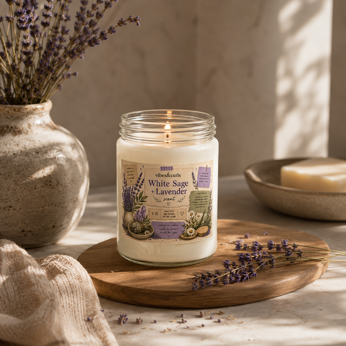 White Sage & Lavender Soy Candle — 9oz Aromatherapy Scented Jar