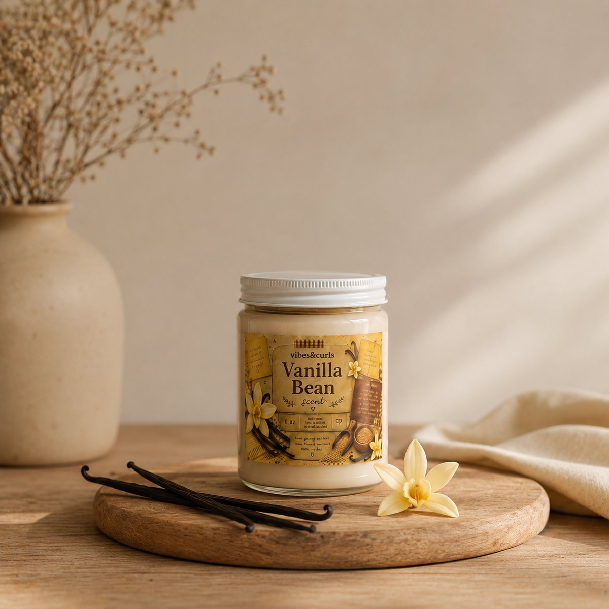 Vanilla Bean Soy Candle - 9oz Scented Jar with White Lid