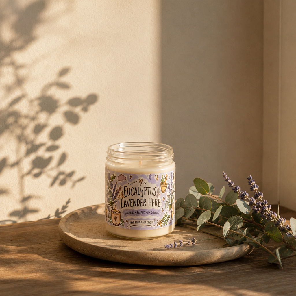 Eucalyptus Lavender Herb Soy Candle — 9oz Scented Jar (Soothing, Calming)