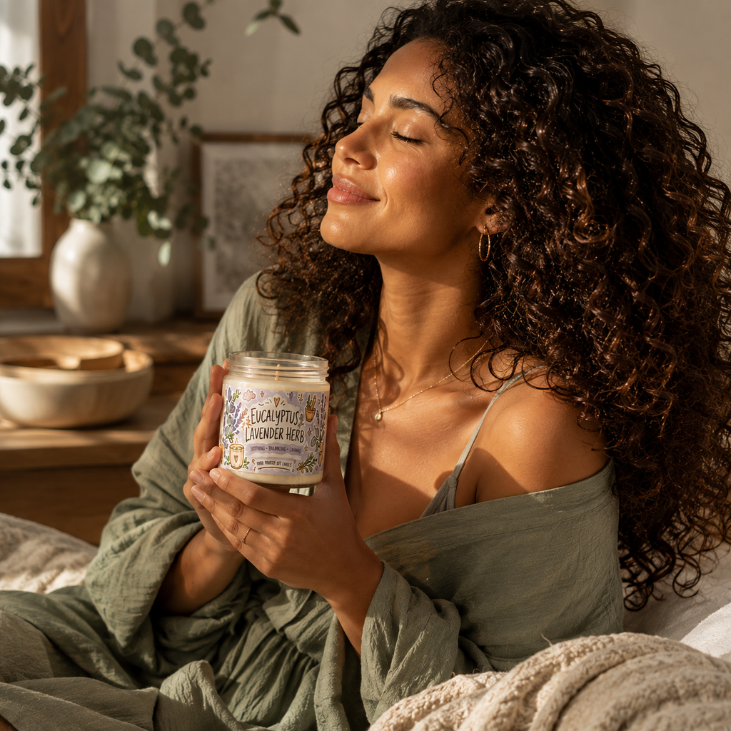 Eucalyptus Lavender Herb Soy Candle — 9oz Scented Jar (Soothing, Calming)