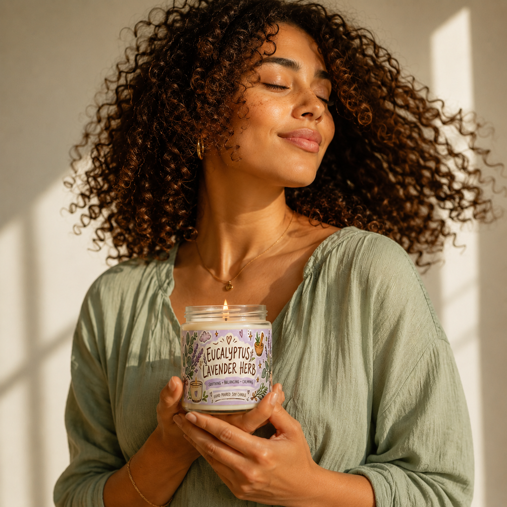 Eucalyptus Lavender Herb Soy Candle — 9oz Scented Jar (Soothing, Calming)