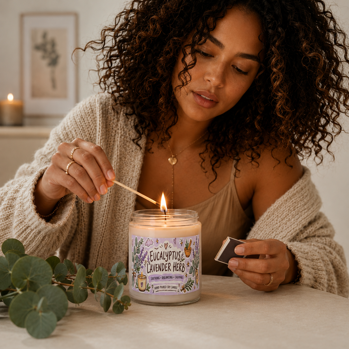 Eucalyptus Lavender Herb Soy Candle — 9oz Scented Jar (Soothing, Calming)