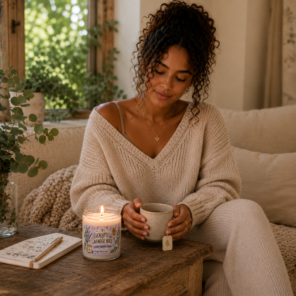 Eucalyptus Lavender Herb Soy Candle — 9oz Scented Jar (Soothing, Calming)