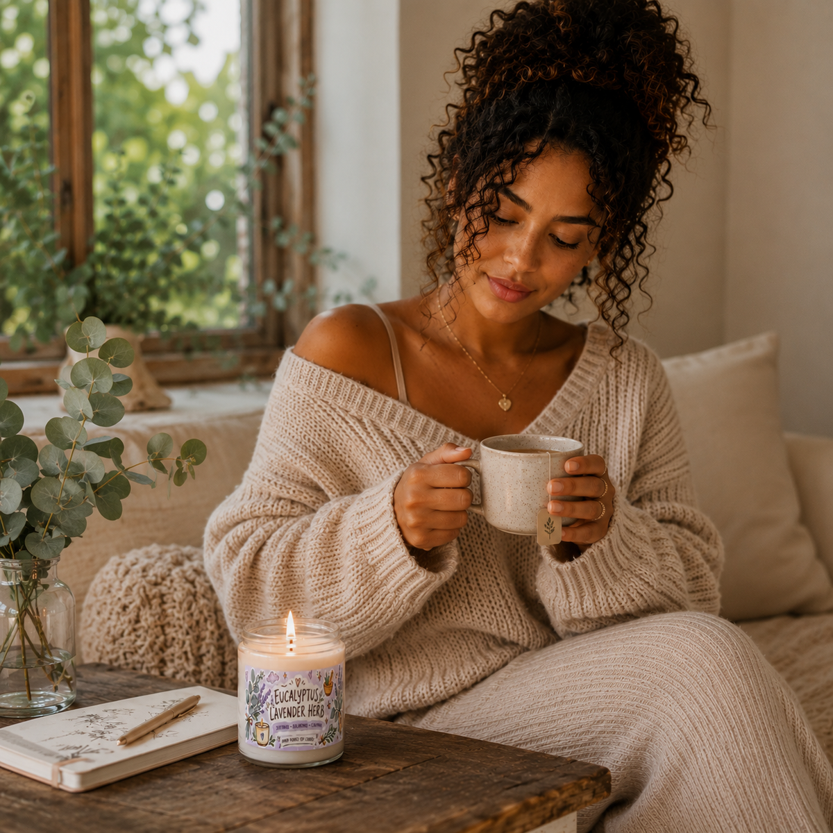 Eucalyptus Lavender Herb Soy Candle — 9oz Scented Jar (Soothing, Calming)
