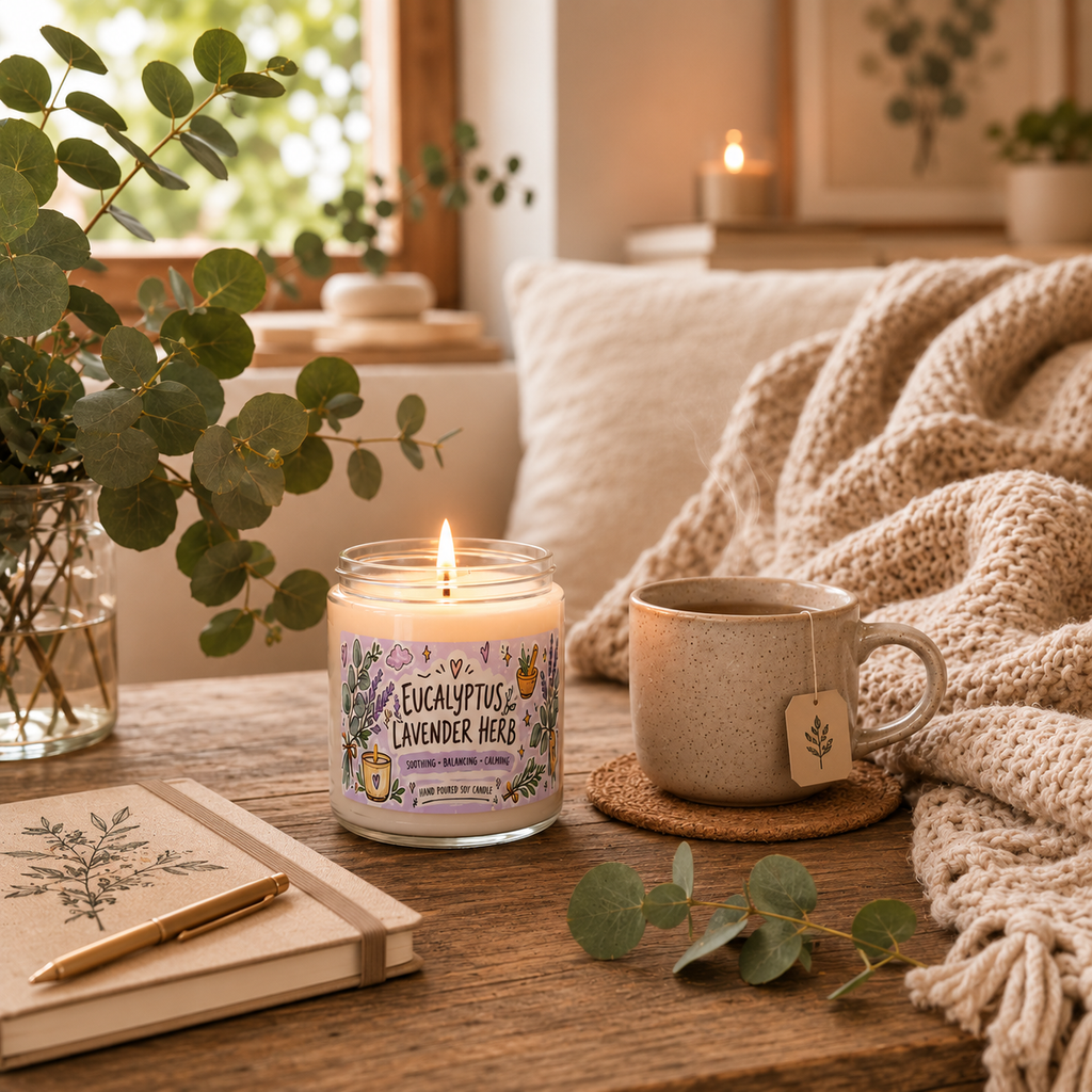 Eucalyptus Lavender Herb Soy Candle — 9oz Scented Jar (Soothing, Calming)