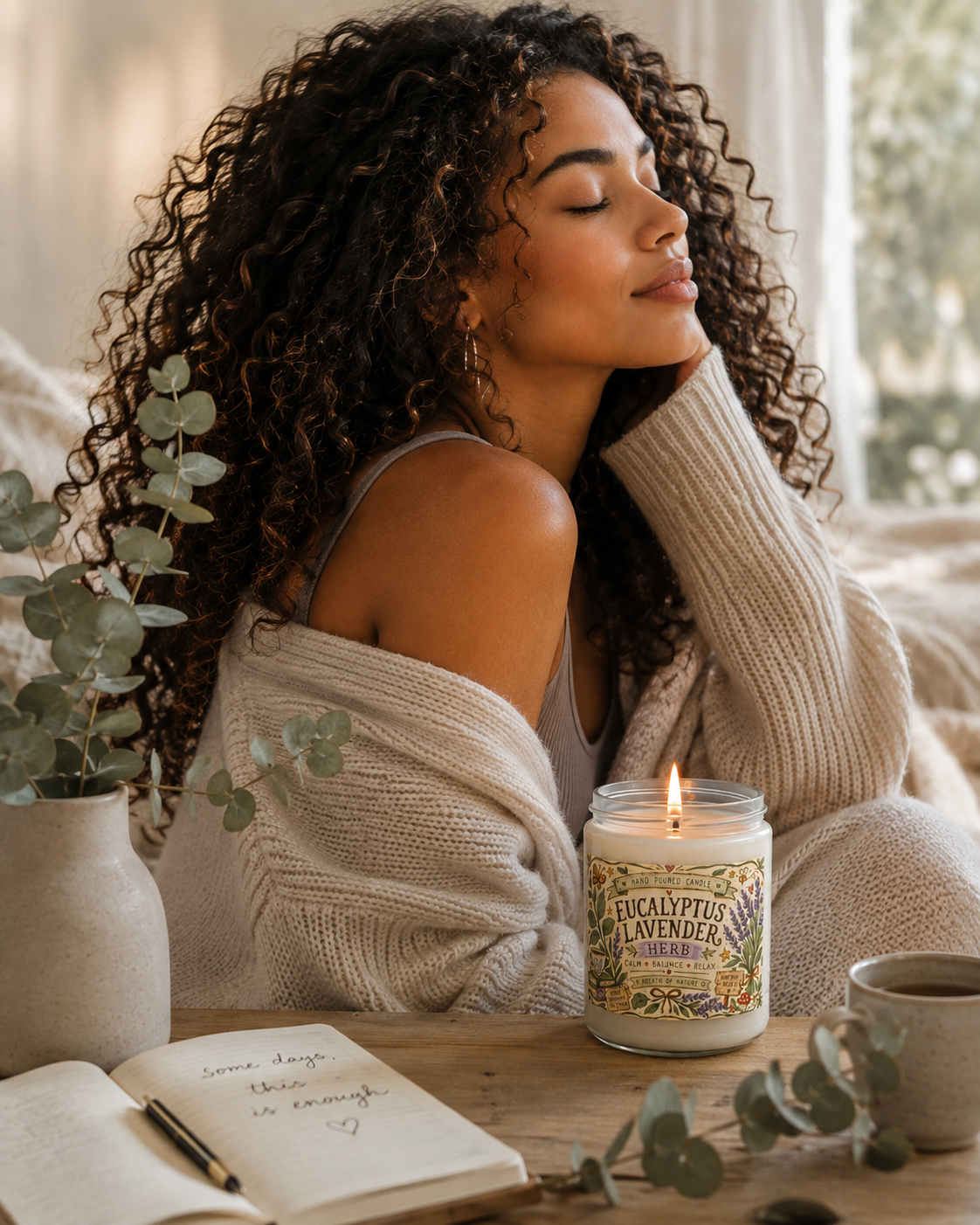 Eucalyptus Lavender Herb Soy Candle — 9oz Scented Jar (Calm • Relax • Balance)