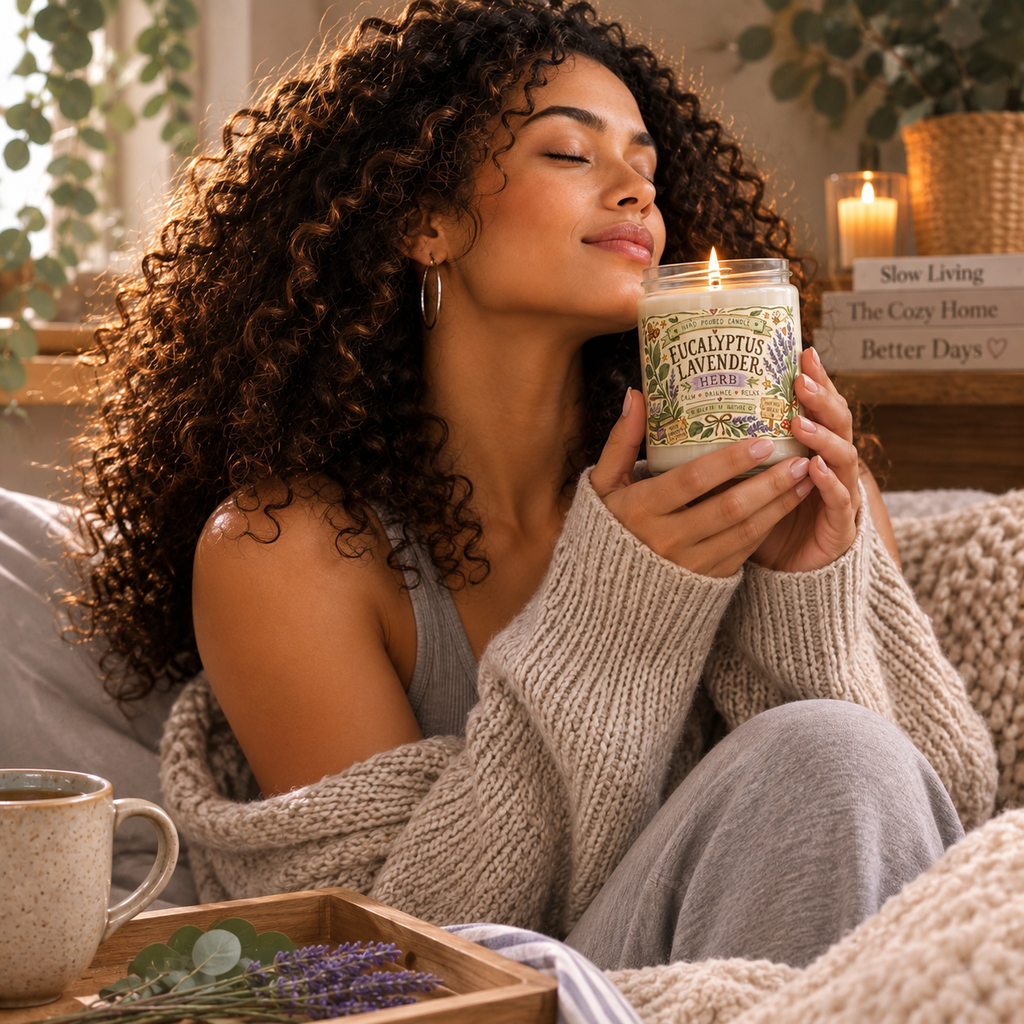 Eucalyptus Lavender Herb Soy Candle — 9oz Scented Jar (Calm • Relax • Balance)
