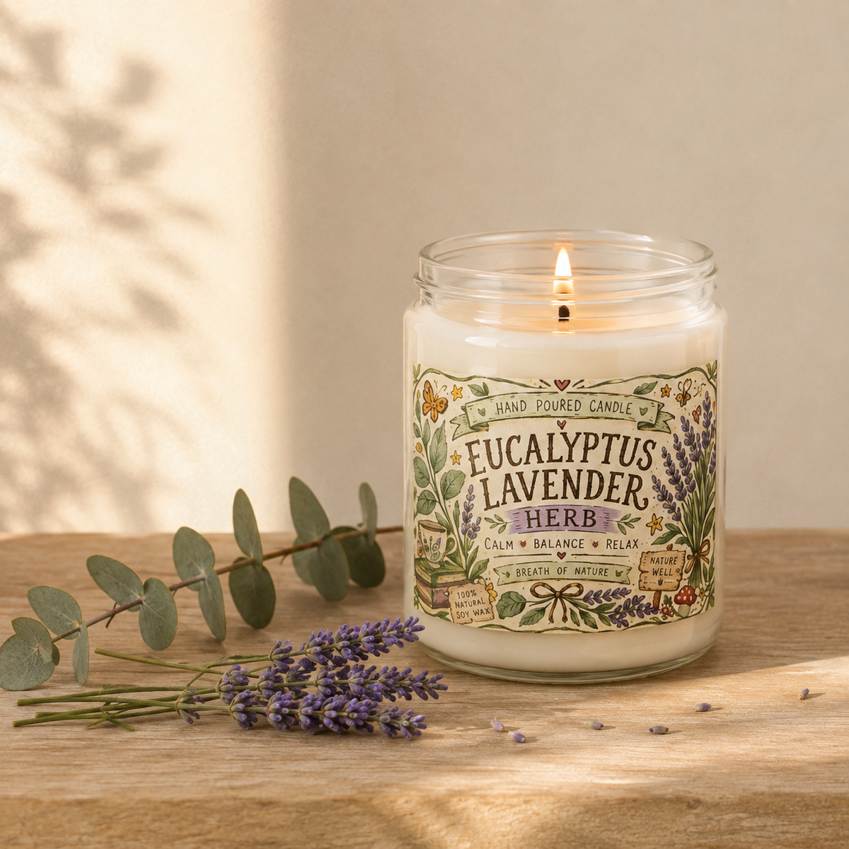Eucalyptus Lavender Herb Soy Candle — 9oz Scented Jar (Calm • Relax • Balance)