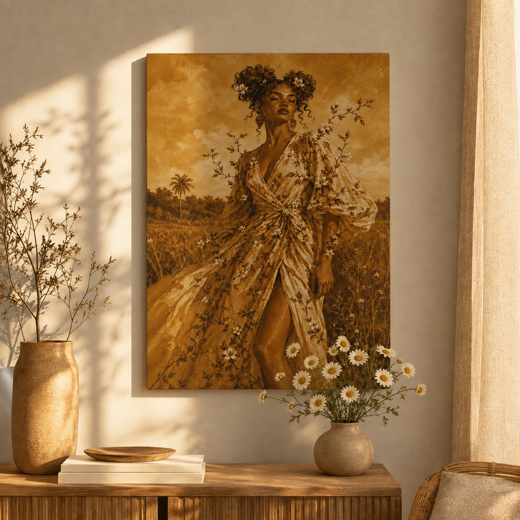 Golden Fields Canvas Wall Art — Woman in Floral Robe Matte Stretched Print