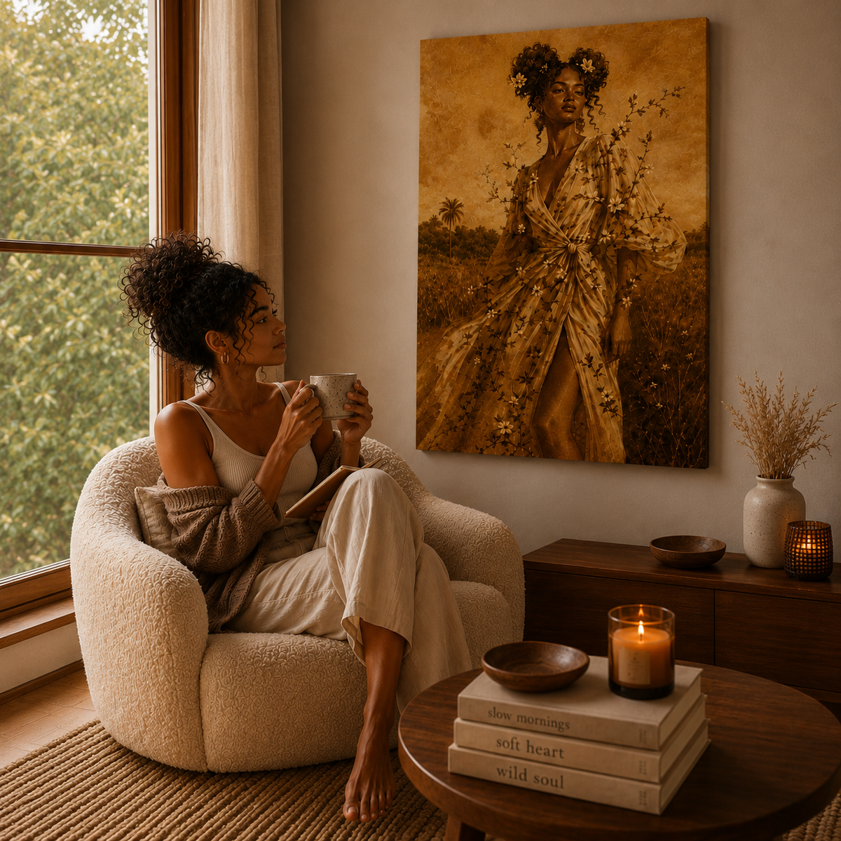 Golden Fields Canvas Wall Art — Woman in Floral Robe Matte Stretched Print