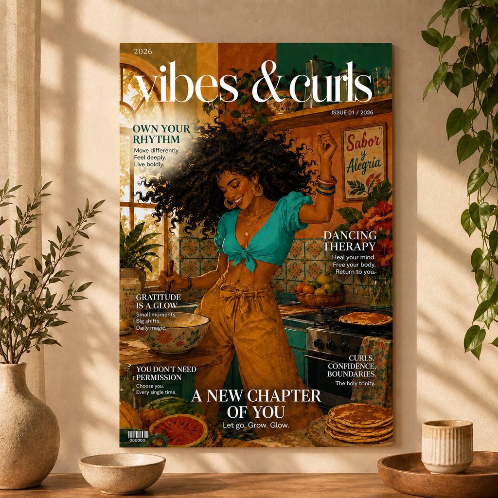 Vibes & Curls Matte Poster — Afrocentric Kitchen Wall Art, 'A New Chapter of You' Magazine Cover