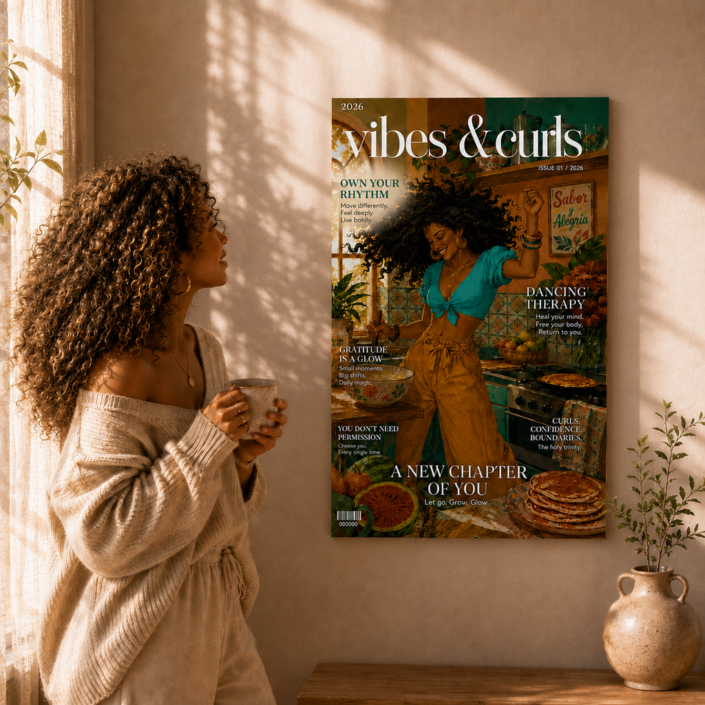 Vibes & Curls Matte Poster — Afrocentric Kitchen Wall Art, 'A New Chapter of You' Magazine Cover