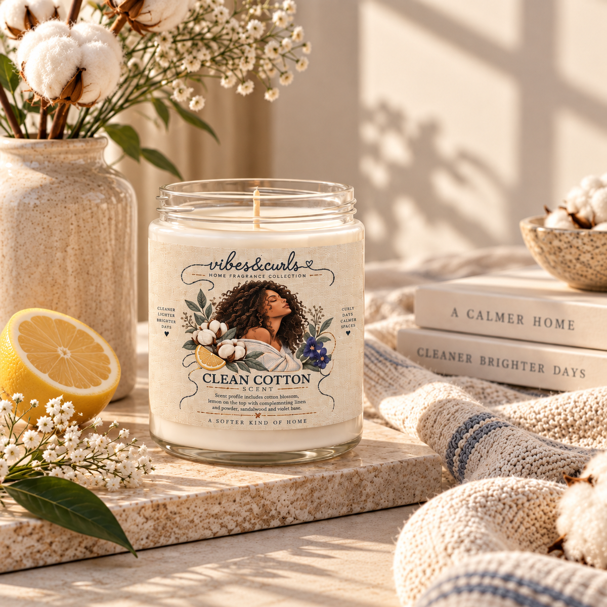 Clean Cotton Scented Soy Candle — 9oz Relaxing Cotton & Floral Jar
