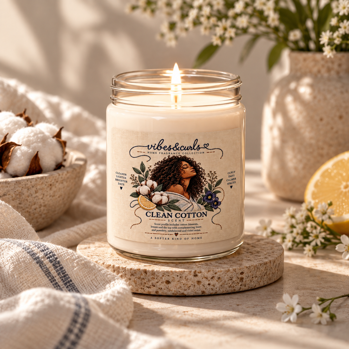 Clean Cotton Scented Soy Candle — 9oz Relaxing Cotton & Floral Jar