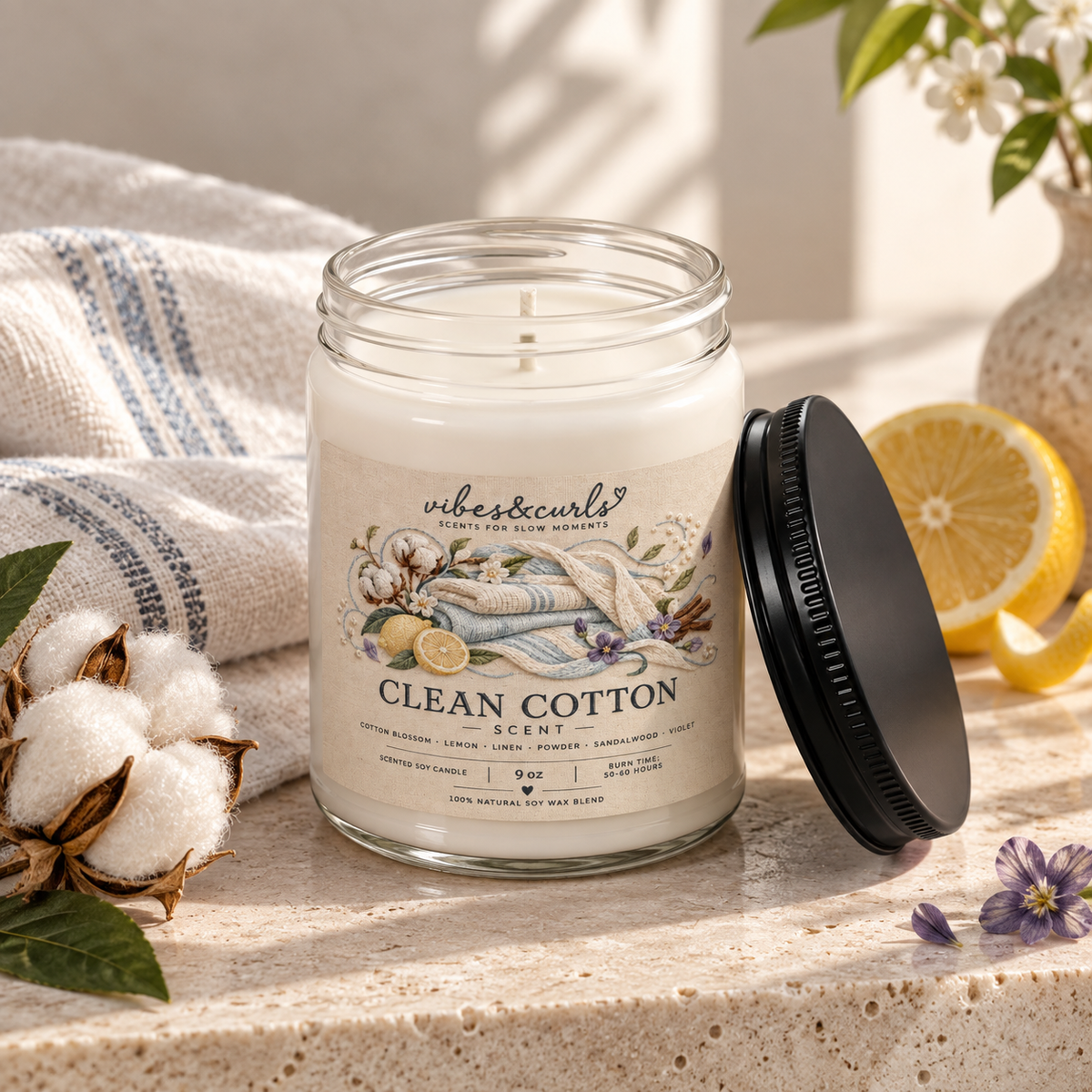 Clean Cotton Scented Soy Candle – 9oz Fresh Linen Home Fragrance