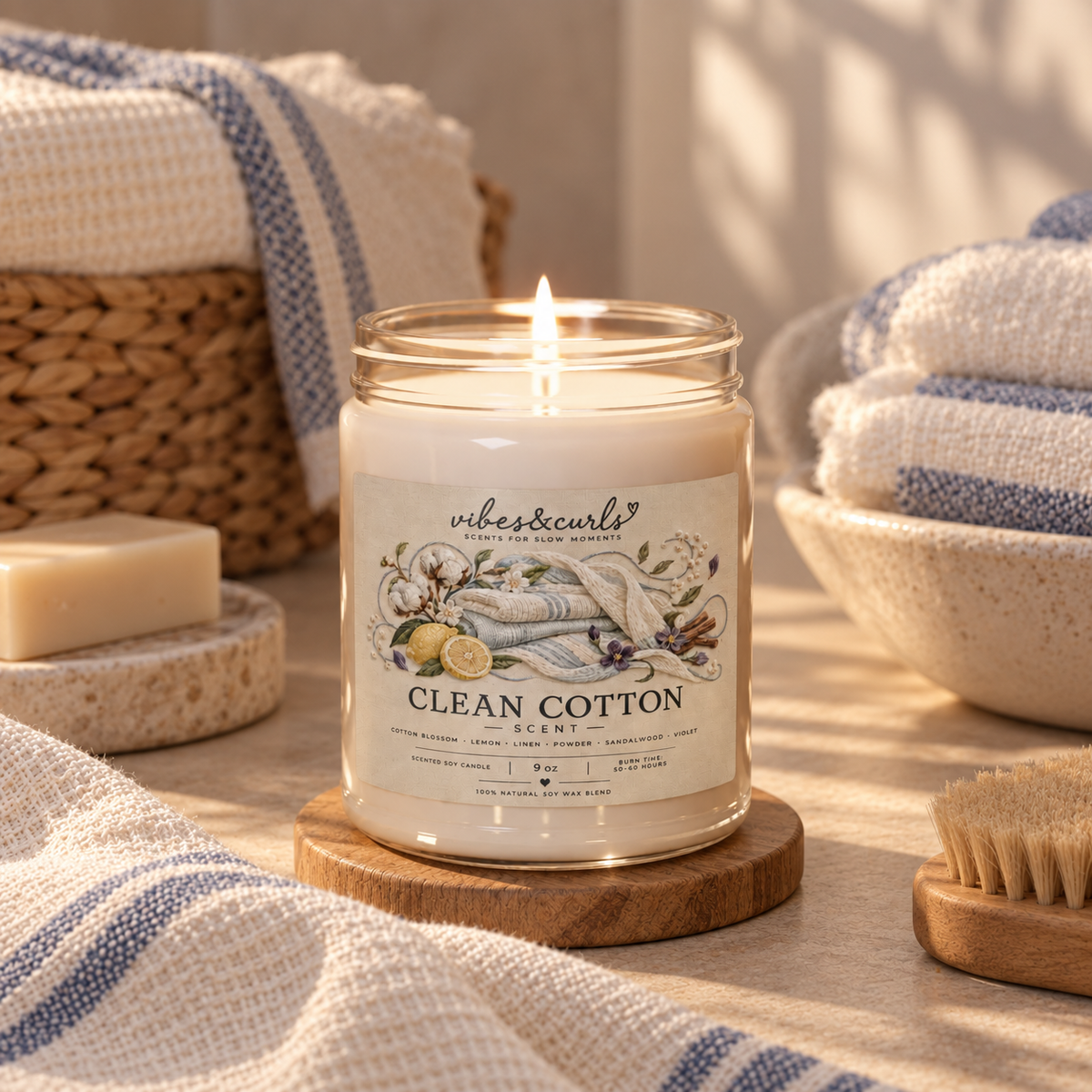 Clean Cotton Scented Soy Candle – 9oz Fresh Linen Home Fragrance