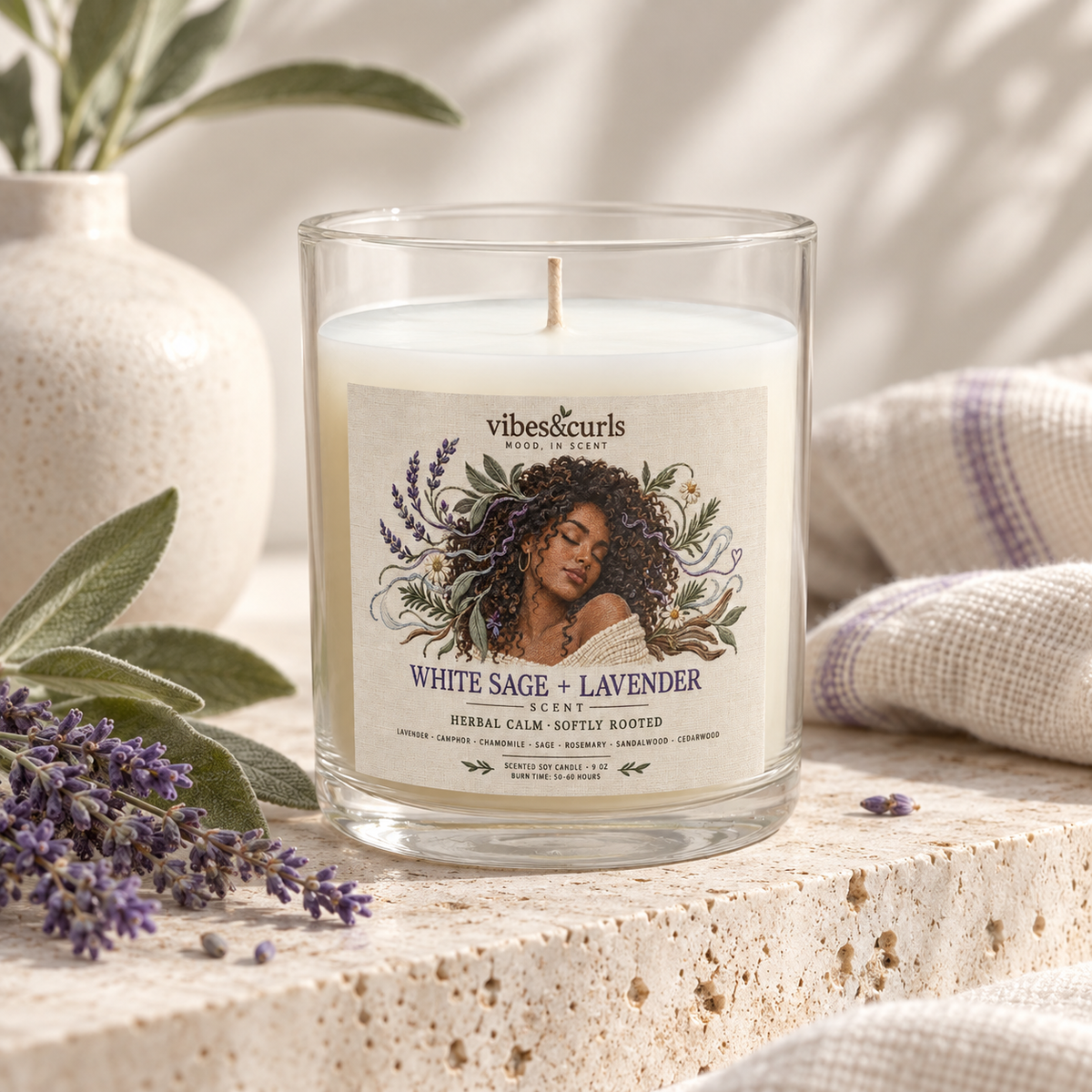 White Sage + Lavender Glass Candle — Herbal Calm Aromatherapy Candle (11 oz)
