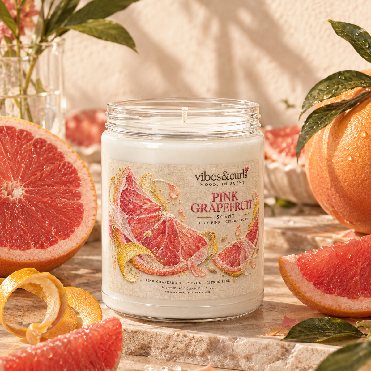 Pink Grapefruit Citrus Soy Candle — 9oz Jar (Juicy Fresh Scent)