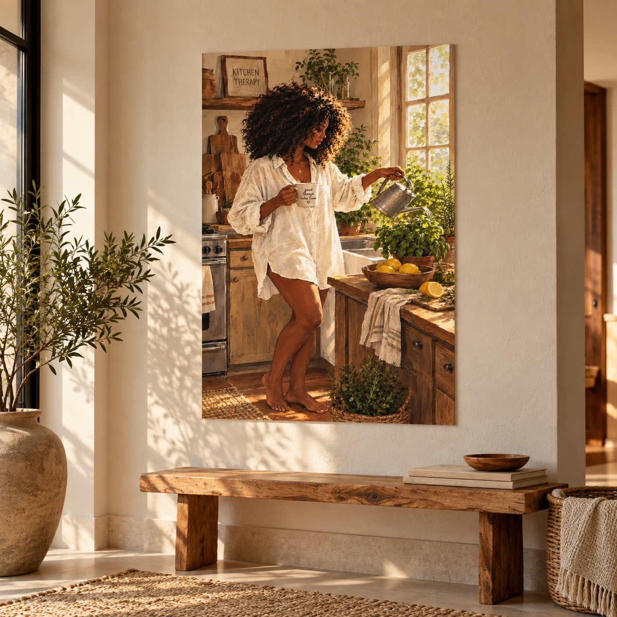 Kitchen Morning Canvas Print - Cozy Woman Watering Herbs Matte Stretched Wall Art