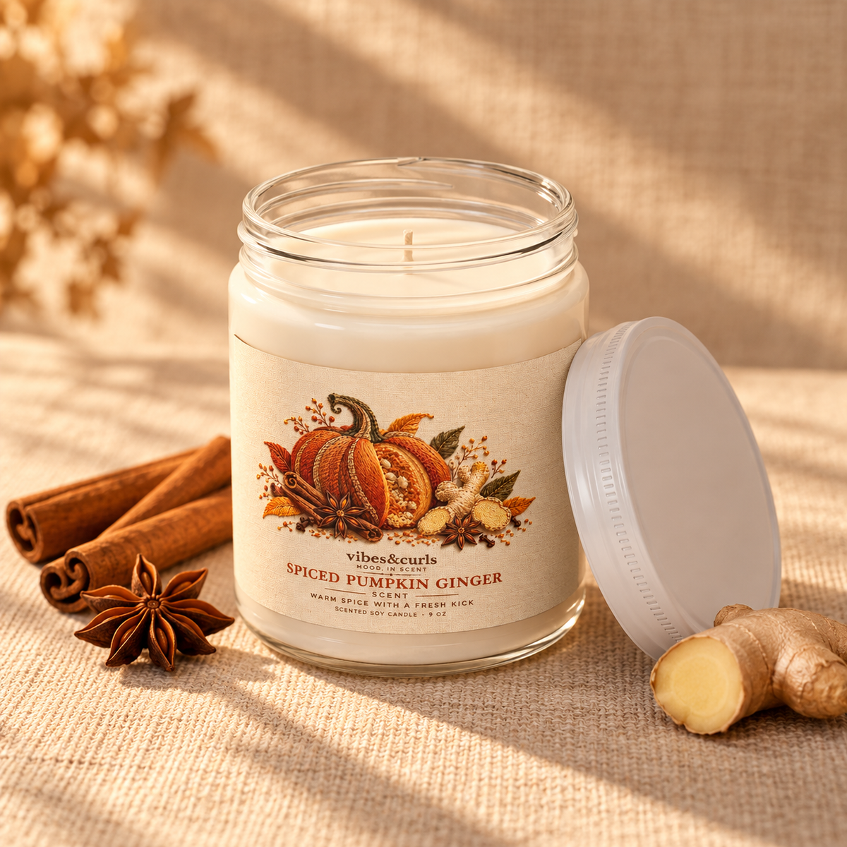 Spiced Pumpkin Ginger Harvest Soy Candle with White Lid, 9oz
