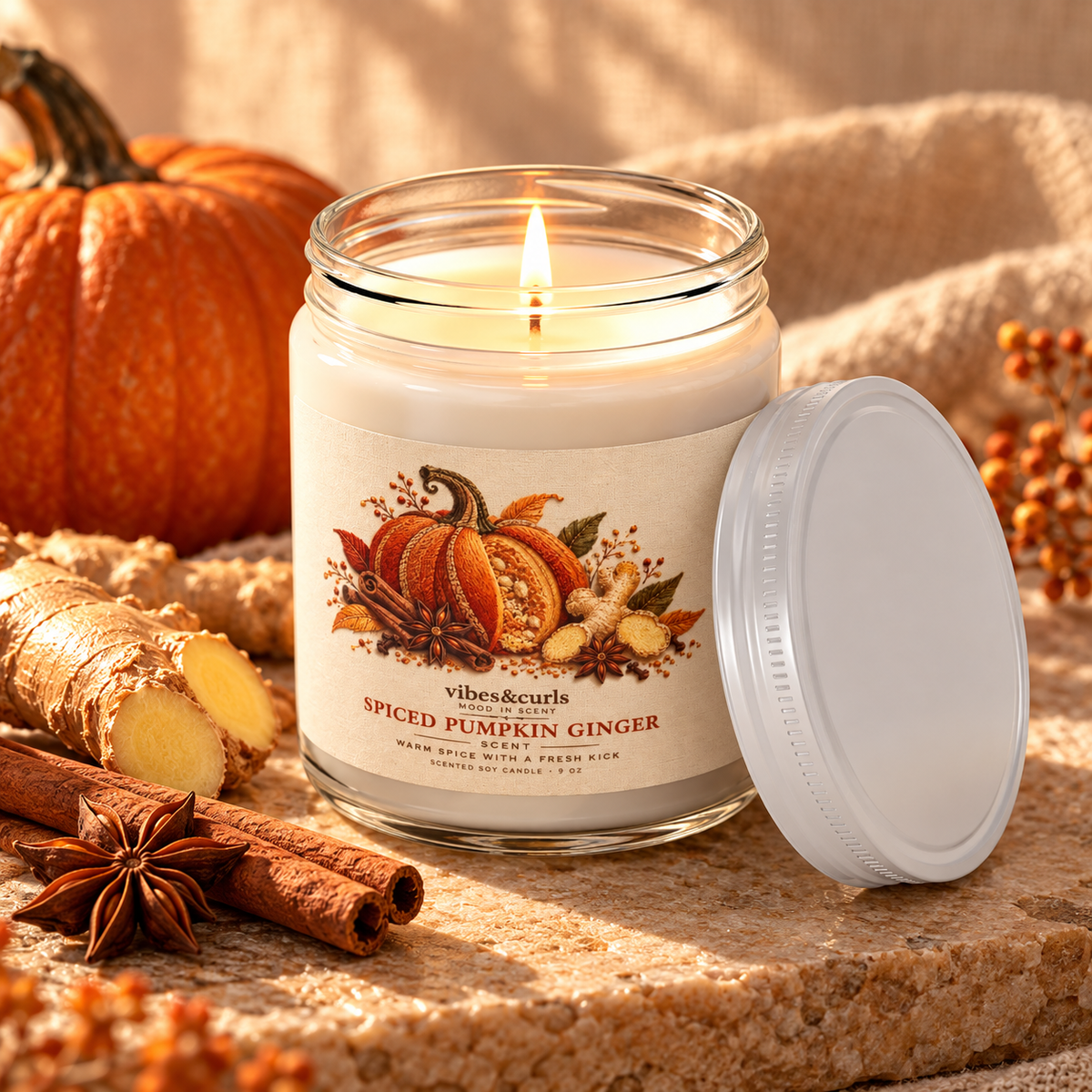 Spiced Pumpkin Ginger Harvest Soy Candle with White Lid, 9oz