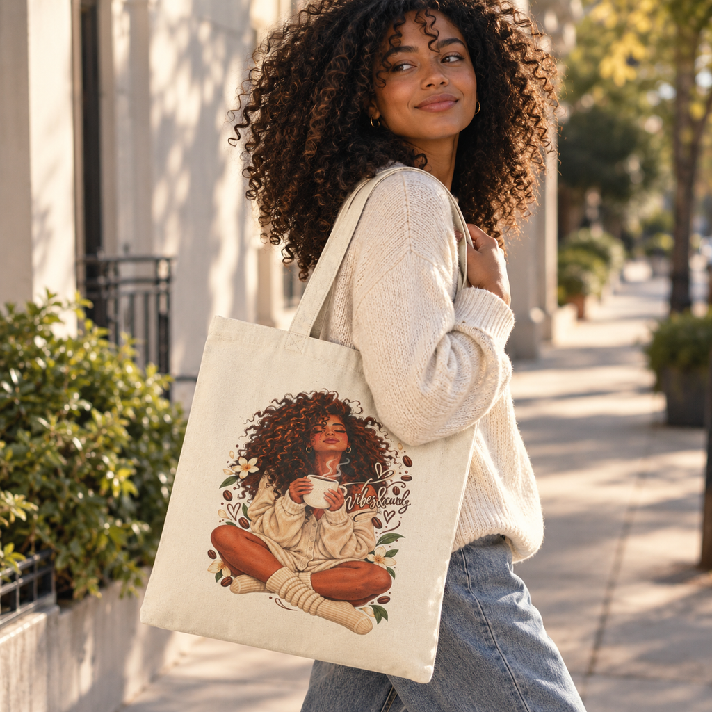 Cozy Morning Afro Woman Canvas Tote — Coffee Lover Cotton Bag