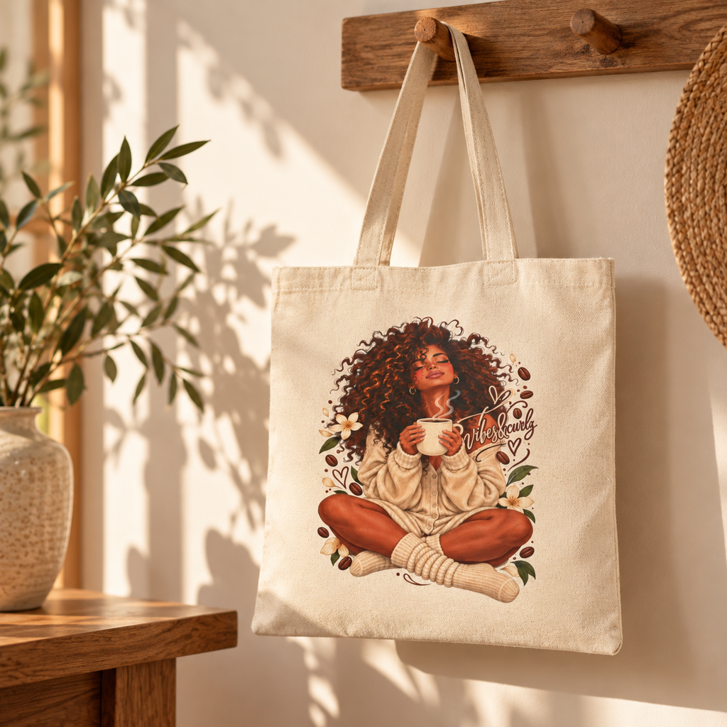 Cozy Morning Afro Woman Canvas Tote — Coffee Lover Cotton Bag