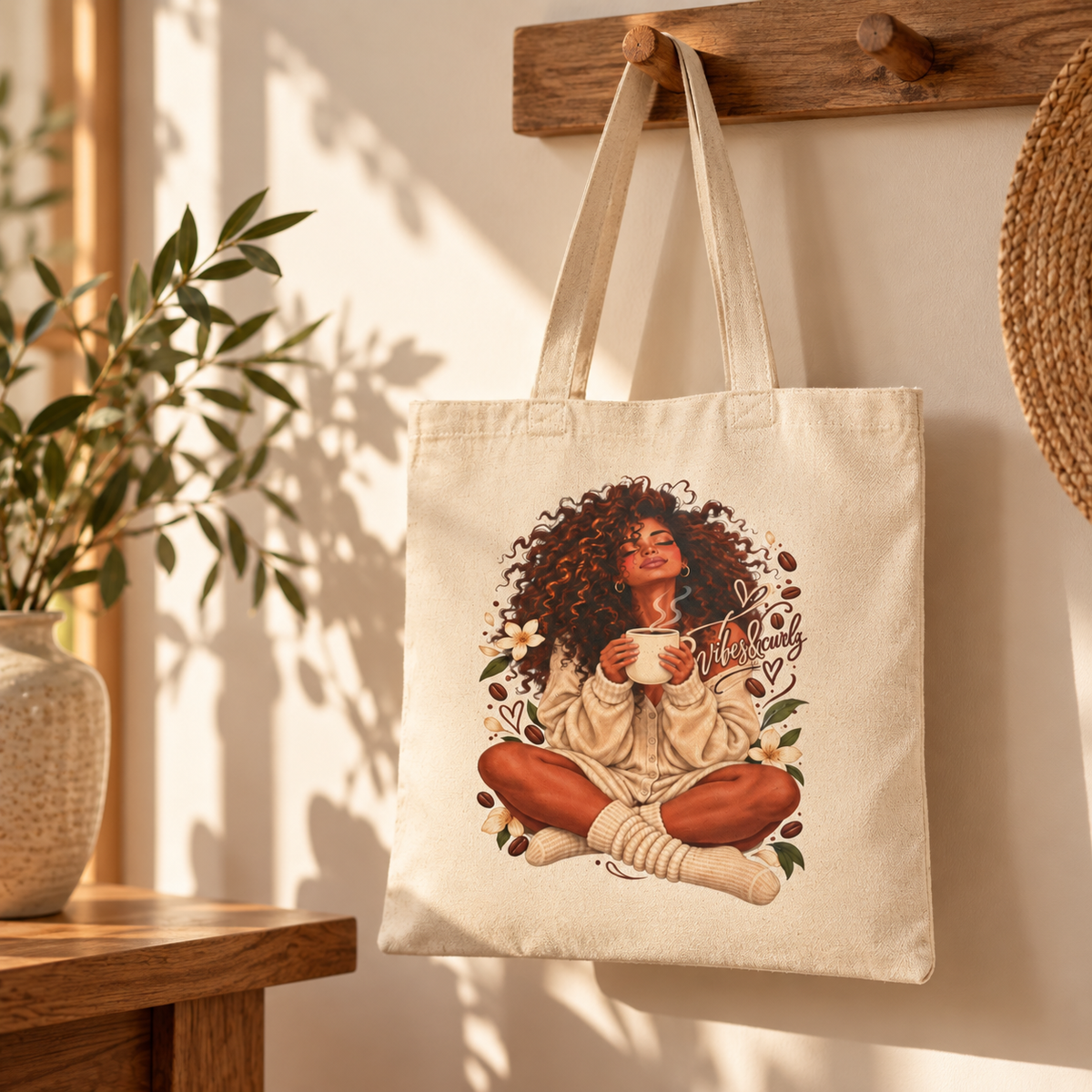 Cozy Morning Afro Woman Canvas Tote — Coffee Lover Cotton Bag