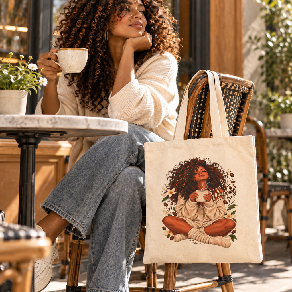 Cozy Morning Afro Woman Canvas Tote — Coffee Lover Cotton Bag