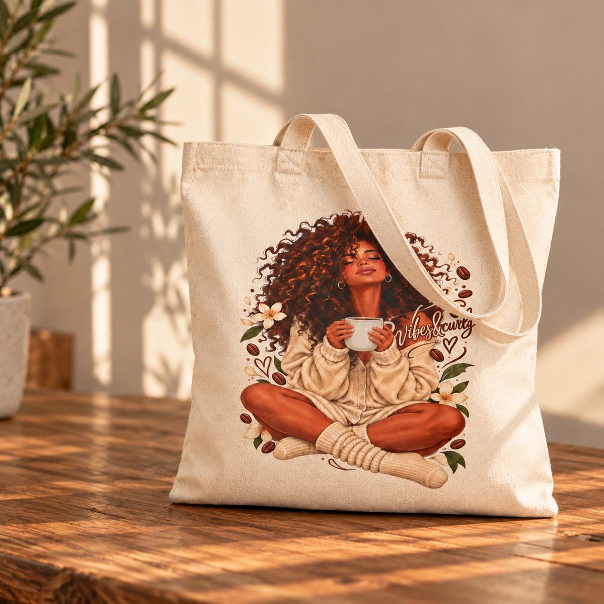 Cozy Morning Afro Woman Canvas Tote — Coffee Lover Cotton Bag