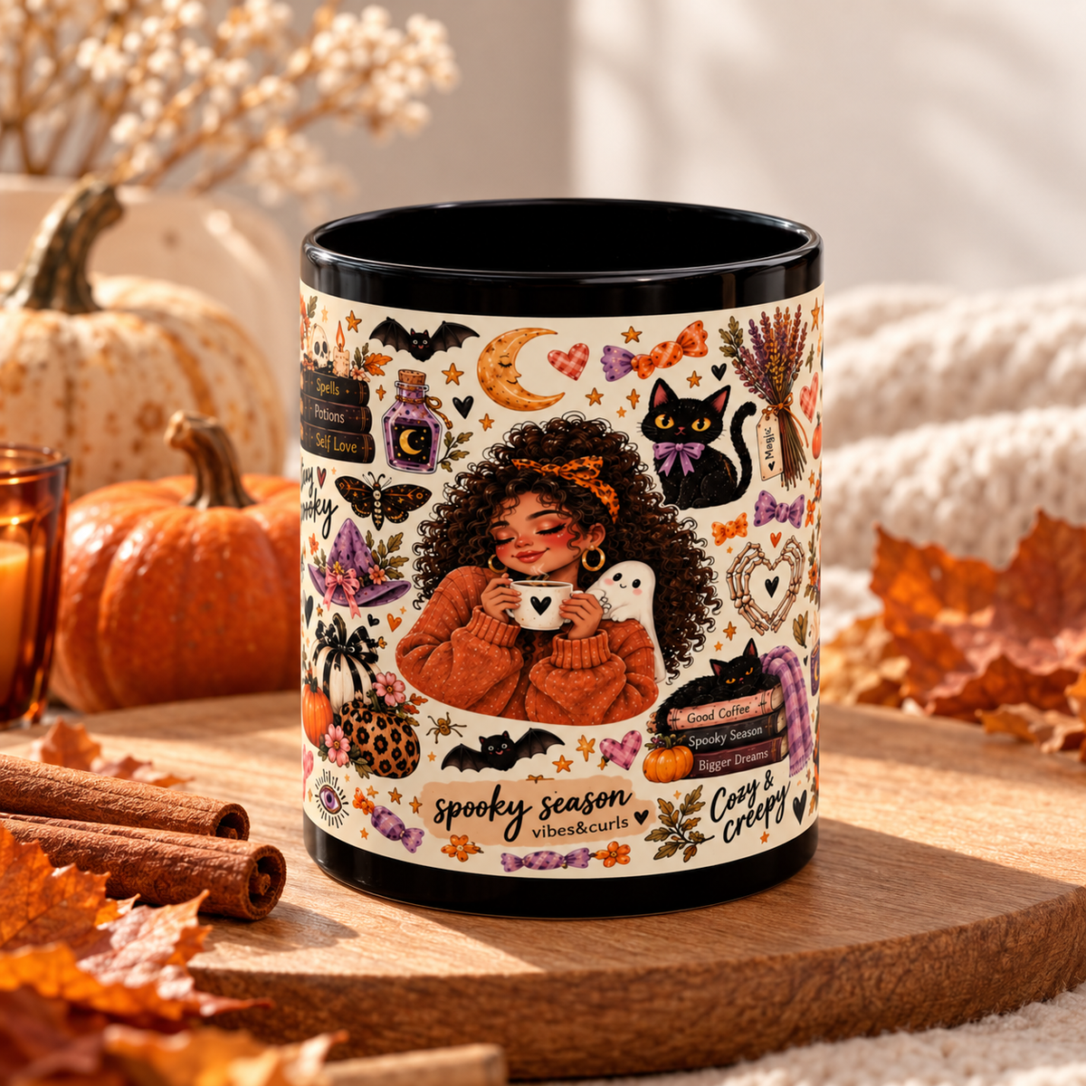 Spooky Season Sticker Collage Black Coffee Mug – Halloween Witch, Cat & Ghost Illustration (11oz/15oz)