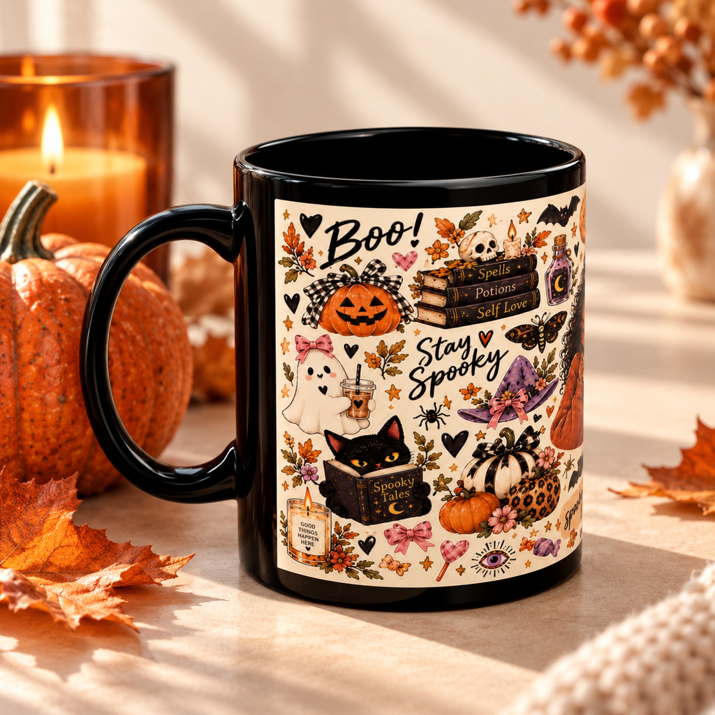 Spooky Season Sticker Collage Black Coffee Mug – Halloween Witch, Cat & Ghost Illustration (11oz/15oz)
