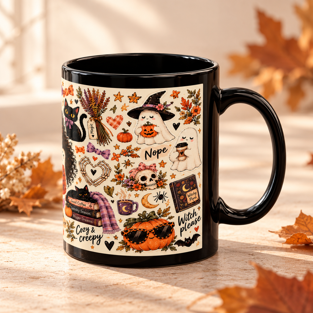 Spooky Season Sticker Collage Black Coffee Mug – Halloween Witch, Cat & Ghost Illustration (11oz/15oz)