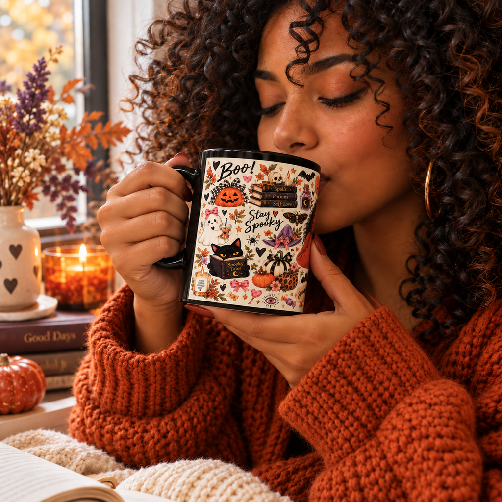 Spooky Season Sticker Collage Black Coffee Mug – Halloween Witch, Cat & Ghost Illustration (11oz/15oz)