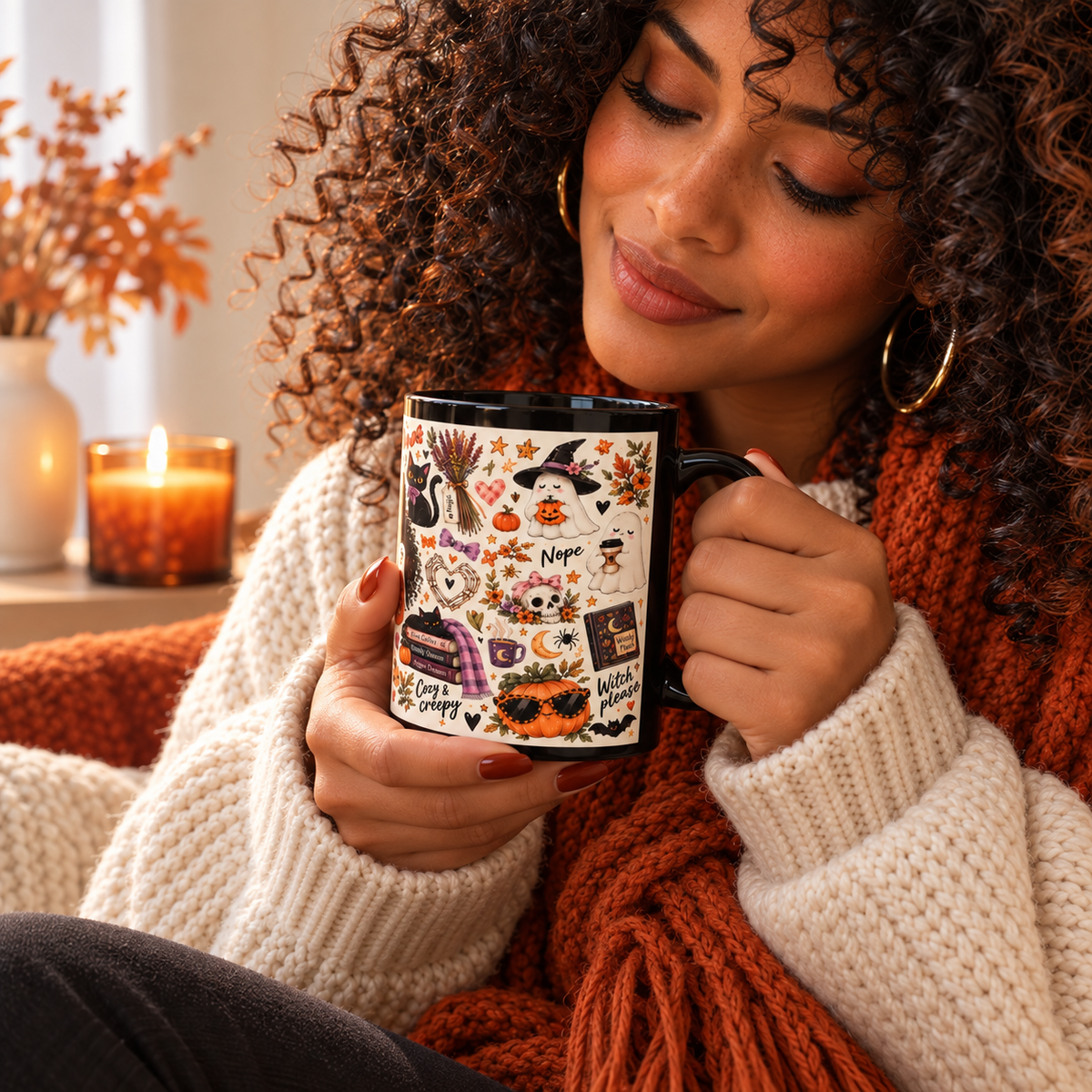 Spooky Season Sticker Collage Black Coffee Mug – Halloween Witch, Cat & Ghost Illustration (11oz/15oz)